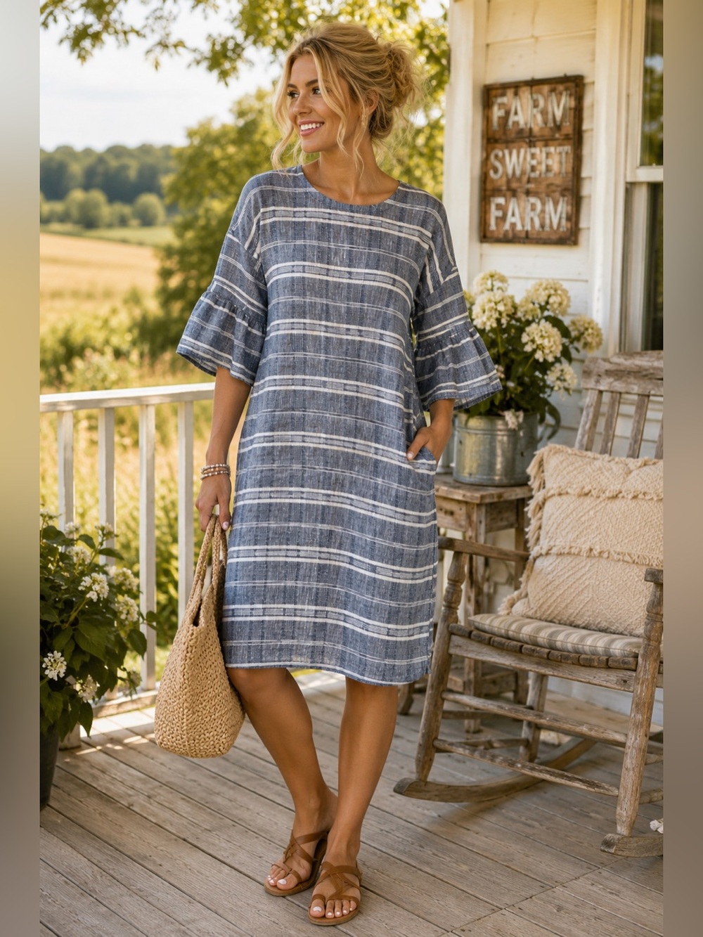 Caslon Blue White Linen Striped Sack Dress Sz L Cottagecore Boho Coastal Country